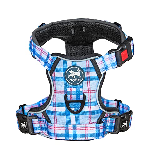 PoyPet Plaid Dog Harness Small, No Pull Vest with Front Clip & Neck Buckle - color: Checkered Blue & Red, size: S