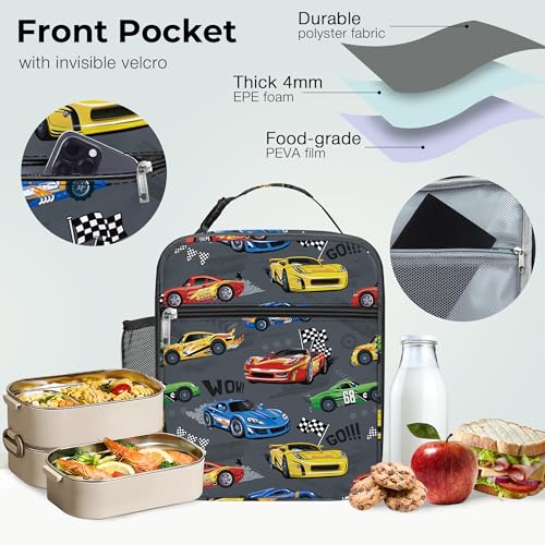 Clastyle Car Insulated Kid Lunch Bag for Boy Lunch Box, Red Race Truck - color: Red Race Car
