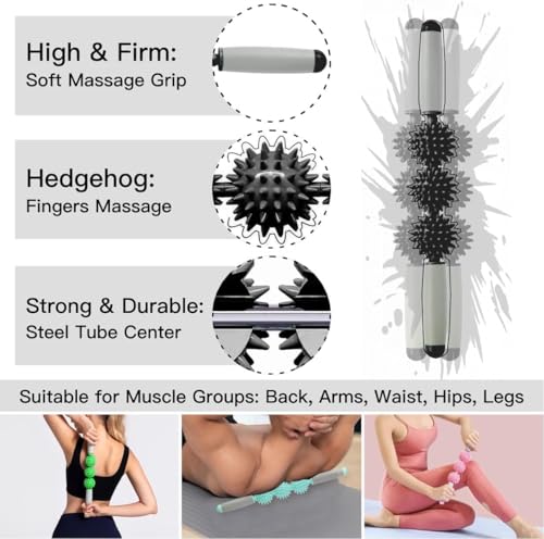 Fascia Muscle Roller, Cellulite Massager Fascia Roller for Cellulite and Sore Muscles, Neck, Leg, Back, Pressure Trigger Point Body Roller Deep Tissue Massage Stick Tools - 3 Massage Balls - color: Classic Black