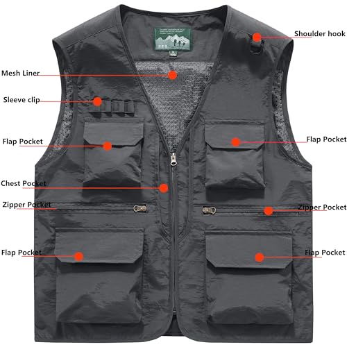 Men's Utility Fishing Cargo Vest Outdoor Lightweight Safari Travel Photo Vest Hiking Waistcoat With Multi Pockets - color: Gray, size: XX-Large