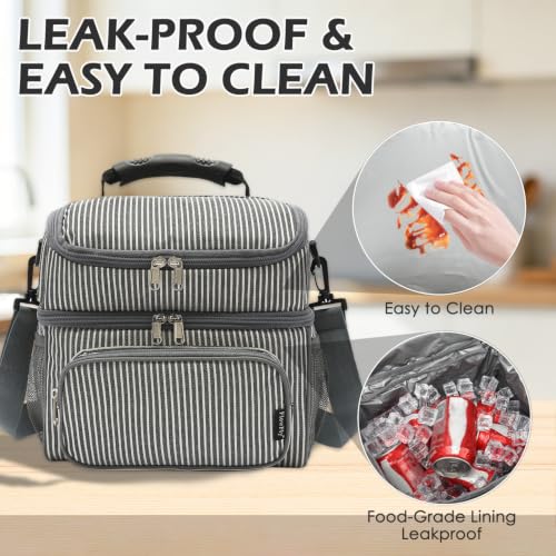 FlowFly Double Layer Cooler Insulated Lunch Bag Adult Lunch Box Large Tote Bag for Men, Women, With Adjustable Strap,Front Pocket and Dual Large Mesh Side Pockets - color: White&Black Stripes