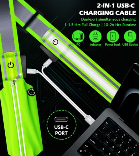 Ylzzrs LED Belt Reflective Sash for Walking at Night,High Visibility Adjustable Night Running Safety Gear,Light Up Running Belt Reflective Gear with Phone Bag/Armband for Runners Walkers Men Women - color: Green