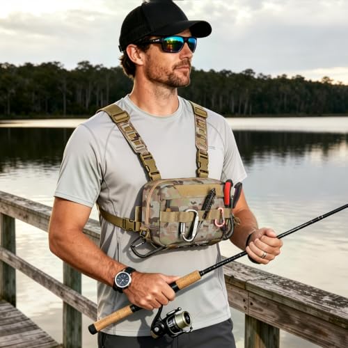 Outdoor Chest Bag for Men, Water-Resistant Fishing Chest Pack, Tactical Vest for Running, Cycling, Hiking - color: Khaki Camo