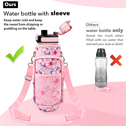 32 oz Water Bottles with Strap & Straw, Sport Motivational Water Bottles - color: Pink Peach Blossoms