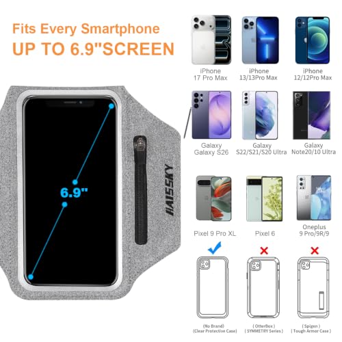 Running Armband with Earphone Pouch Fits Phones up to 6.9" - color: Grey (Up to 6.9''), size: Medium