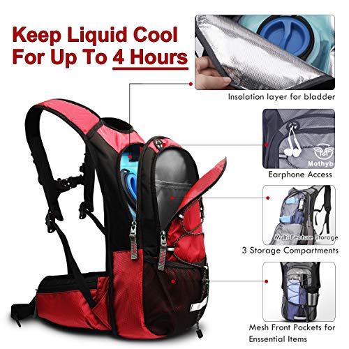 Mothybot Insulated Hydration Backpack Pack with 3L BPA Free Leak Proof Water Bladder, Large Storage Lightweight Hiking Daypack with Waist Pouches & Cooler Layer, for Running, Biking, Camping, Festival - color: Red