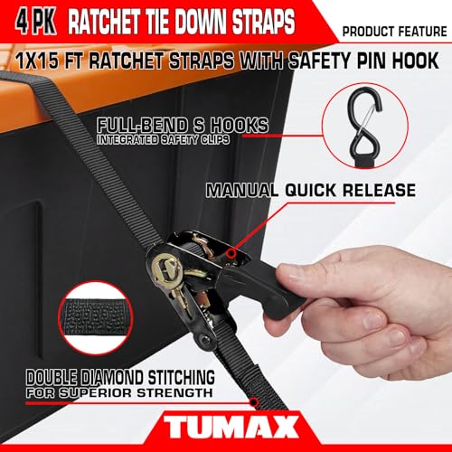 15 FT Ratchet Straps 4-PK 2000 lbs Heavy Duty Cargo Tie Down Straps - size: 2000lbs-Black