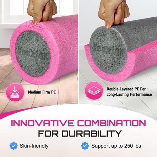 Yes4All Medium Firm Two-Layer PE Foam Roller for Yoga & Pilates - color: ‎18 Inches - Pink/Grey