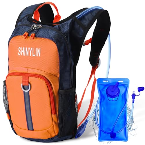 Shinylin Kids Hydration Backpack with 1.5L Water Bladder Hiking Backpack Lightweight for Boys or Girls Children Biking Climbing Running Cycling - color: Orange, style: Classic