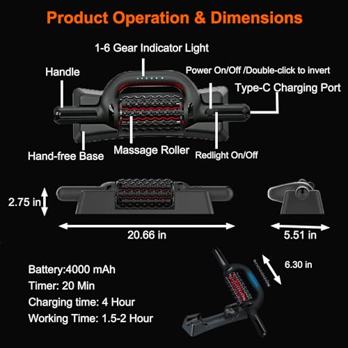 Electric Rolling Massager with Red Light, 6-Speed Percussive Massage Roller for Muscle Recovery, Rechargeable Rolling Massager with Hands-Free Base, for Arm, Back, Abdomen Leg & Foot