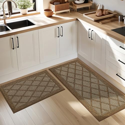 COSY HOMEER Kitchen Rugs, 2 PCS Kitchen Mats Non Slip Washable,Brown - color: Brown, size: 20"x32" + 20"x48"