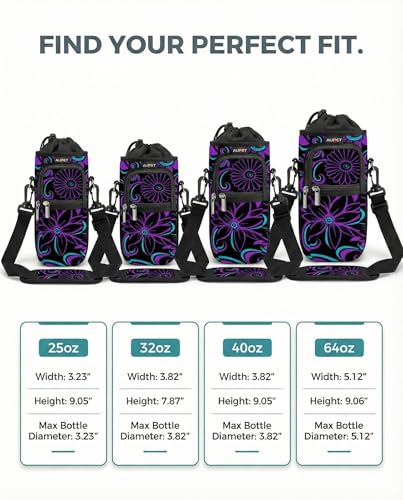 AUPET Water Bottle Sling Bag Sleeve Holder Carrier 25/32/40/64 oz,Insulated Crossbody Water Bottle Case Cover with Strap and Pockets for Men/Women Walking Hiking - color: purple flower, size: 40oz
