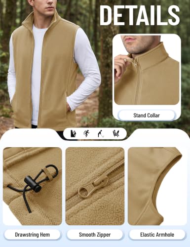 TACVASEN Men's Fleece Vest Winter Casual Vests Outerwear Sleeveless Jacket - color: Khaki, size: Medium
