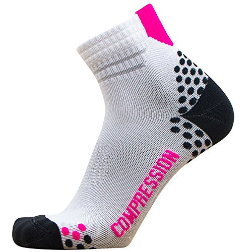 Compression Ankle Socks for Running - Moisture Wicking, Dot Padding - color: 1 Pair - White/Neon Pink, size: Small
