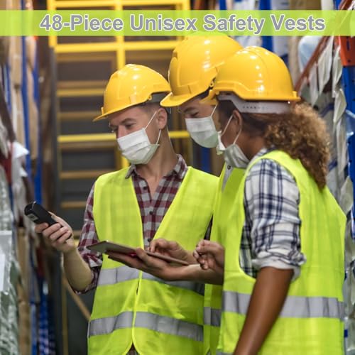 48 Pack High Visibility Safety Vests, Neon Yellow Reflective Mesh Vests with Silver Stripes for Men & Women, Bulk Security & Traffic Vests for Work, Cycling, Running, Construction
