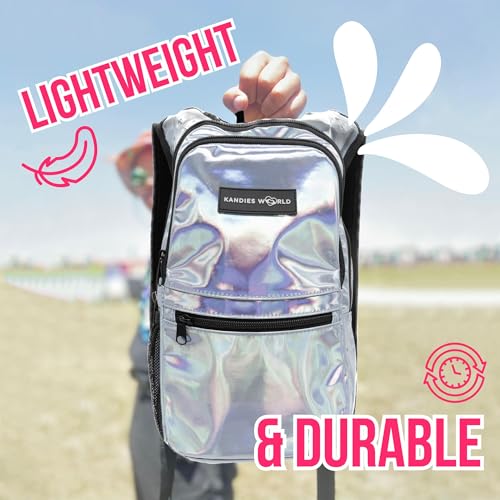 Kandies World Reflective Festival Hydration Pack - 2L Hydropack for Raves, Hiking, Biking, Running, and More (with Anti-Theft Pocket) - style: Silver Holographic