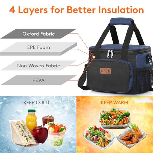 Lifewit Medium Lunch Bag, Insulated Lunch Box, Soft Cooler Cooling Tote for Adult Men Women, Black and Green 12-Can (9L) - color: Black/Blue, size: Medium(9L)