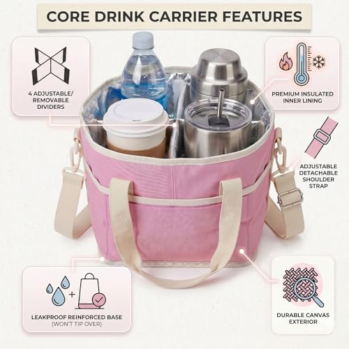 Drink Carrier Tote Bag, Family Size 4 Compartment Drink Carrier - color: Pink