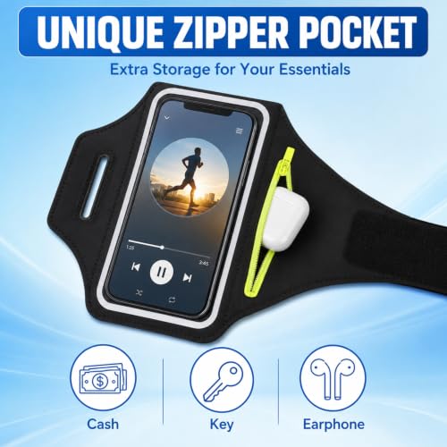 Running Phone Armband with Green Zipper Pocket, Armband Phone Holder