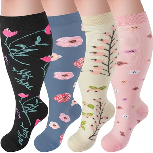 4 Pairs Plus Size Compression Socks,Extra Wide Calf 20-30 mmHg Knee High Compression Socks for Men Women Circulation - color: 06-white Flower, size: XX-Large