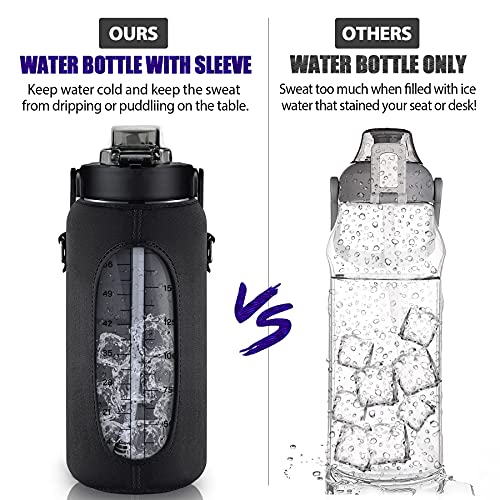 Half Gallon Water Bottle with Sleeve, 64OZ Motivational Water Bottle - color: Black