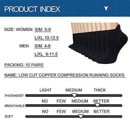 Iseasoo Ankle Compression Socks for Women Men, 5 Pairs Copper Running Socks - color: C04-10 Black, size: Small-Medium