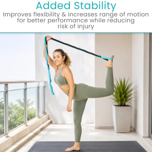 Vive Stretch Strap (75" - 10 Loops) - Leg Stretch Band to Improve Flexibility - Stretching Out Yoga Strap - Exercise and Physical Therapy Belt for Rehab, Pilates and Gymnastics with Guide Book - color: Teal