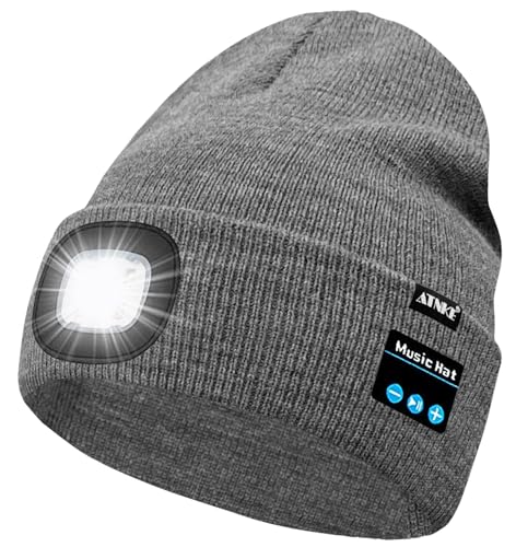ATNKE LED Lighted Bluetooth Beanie Hat,USB Rechargeable 4 LED Wireless Music Running Headlamp Cap Gift for Men and Women - color: #Grey