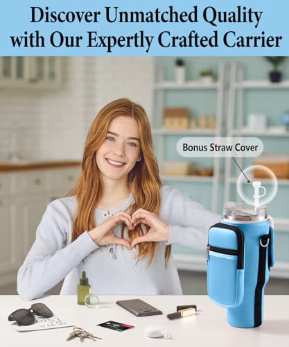 Water Bottle Carrier Bag for Stanley Cup 40 oz with Phone & Storage Pockets - color: Blue