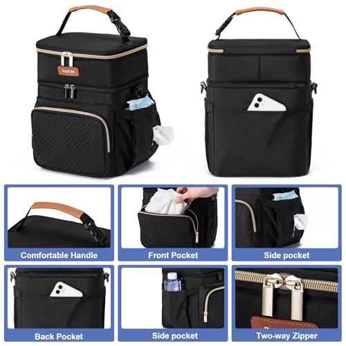 Breastmilk Cooler Bag with Ice Pack Fits 6 Baby Bottles Up to 9 Ounce, Double Deck Leak-Proof Baby Bottles Bag with Shoulder Strap for Nursing & Working Mom, - color: Black with pocket