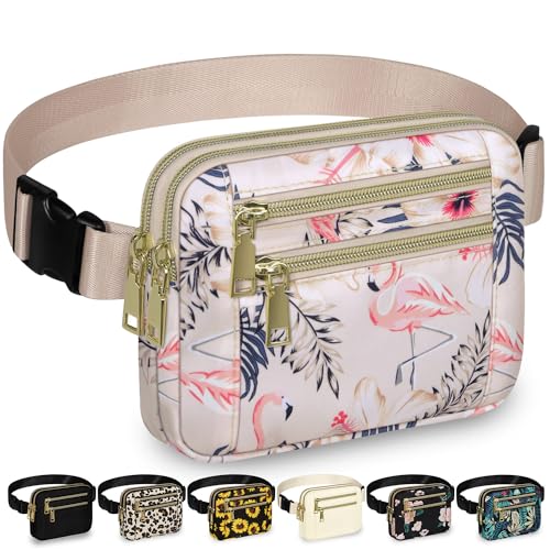 Capolo Fanny Packs for Women 4 Zip Pocket Crossbody Belt Bag Waist Bags - color: Flamingo, size: Large