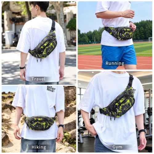 Large Fanny Pack for Men Women NSYOOMH, Crossbody Waist Bag 5-Zipper Pocket - color: Fluorescent Green