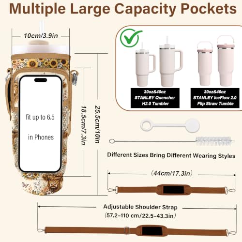 Water Bottle Carrier Bag for Stanley Cup 40/30oz, Neoprene Water Bottle Holder Pouch with 3 Pocket Adjustable Shoulder & Hand Strap - color: Floral Highland Cow