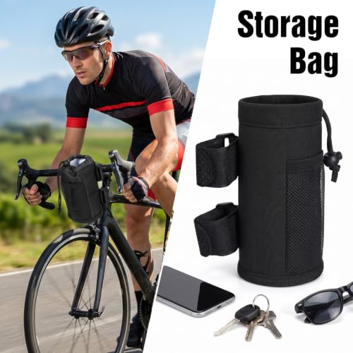 Bike Water Bottle Holder for Handlebar, Bike Cup Holder with Mesh Pockets and Removable Strap, Bicycle Water Bottle Drink Holders for Scooter Wheelchair Mountain Bikes E-Bike Road Bikes