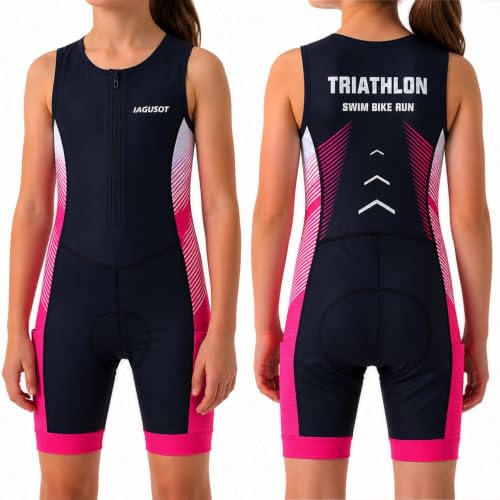 Boys Triathlon Suit Youth Racing Tri Skin Suit for Cycling Swim Run - color: Black/Pink, size: X-Large