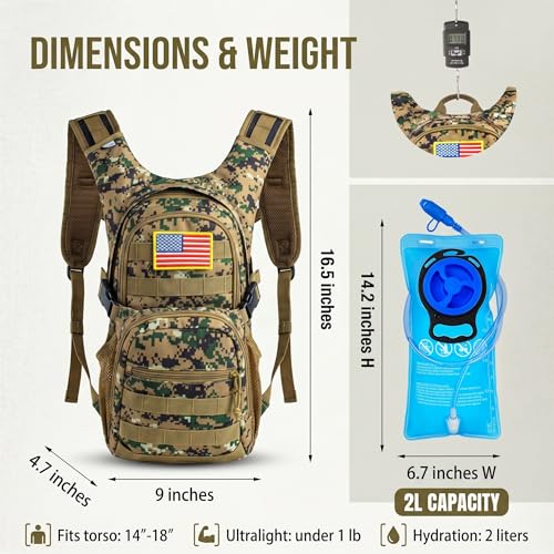 Tactical Hydration Backpack 2L Water Bladder - Lightweight Durable Pack for Hiking, Running, Outdoor Adventures, Adjustable Straps & Leak-Proof Design - color: Woodland Digital Camo