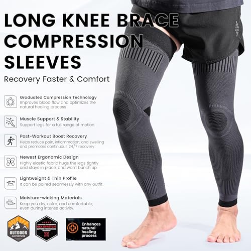 MGANG Full Leg Compression Sleeves, Knee Braces for Joint Pain Relief - color: Gray-black, size: XX-Large