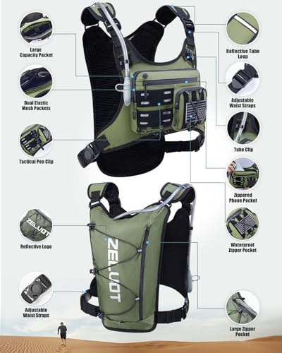 Zelvot Running Vest with 2L Water Bladder, Hydration Backpack, U.S. Design Patent, Lightweight Hydration Pack with Gear Holder, Reflective Chest Pack for Men Women - color: Olive, size: Medium-Large