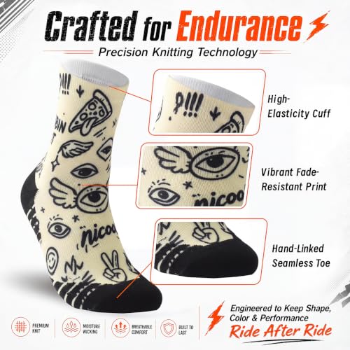 NIcool Cycling Socks For Men, 1/3 Pairs Bright Seamless Compression Running Crew Socks Youth Cushioned Tennis Quarter Socks - color: 1 Pair Ivory/Black Doodle