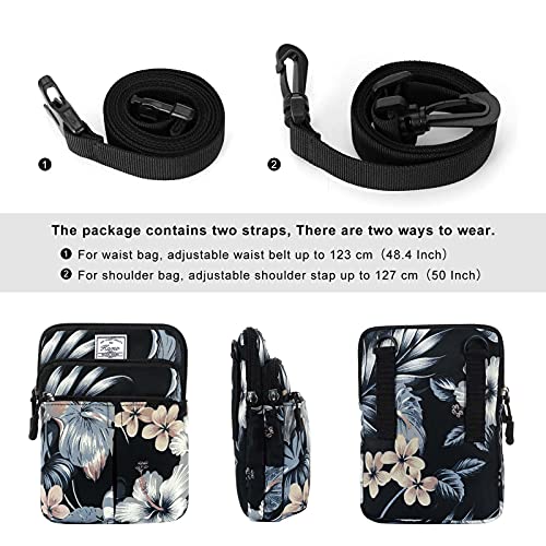 KAMO Multifunction Phone Bag One Shoulder Phone Waist Bag Diagonal Cross Bag Smart Phone Case Outdoor Bag Triple Zip Hipster Crossbody Purse for Women & Men Black-flowers - color: Black-flowers