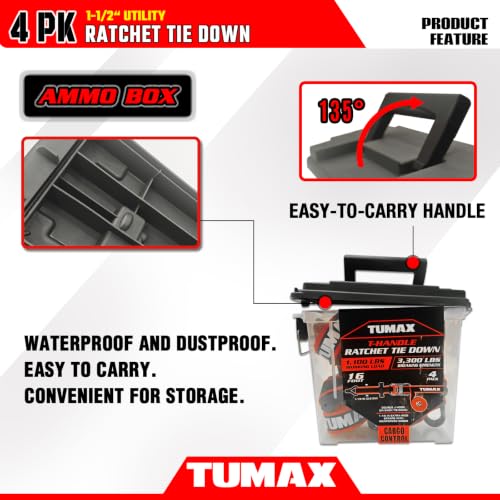 4 PK with Ammo Box, 1.5" x 16 FT Heavy Duty Tie Down Straps - size: 3300lbs-Black