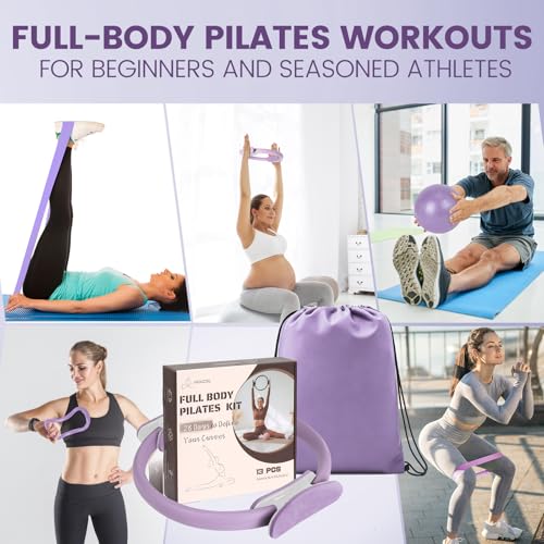 Pilates Kit for Women 13PCS, Pilates Ring Ball Resistance Bands Workout Set - color: Lavender