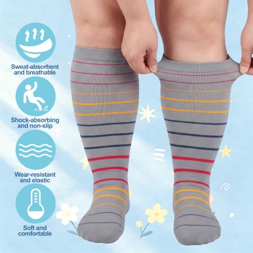 Jspupifip 6 Pairs Plus Size Compression Socks for Women, Wide Calf - color: Black Blue Pink Gray Beige Brown, size: 3X-Large
