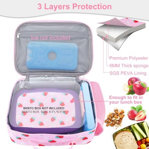 RHCPFOVR Kids Lunch Box for Girls Teens Insulated Lunch Bag Reusable Lunch Tote Kit for School Travel - color: Pink Strawberry