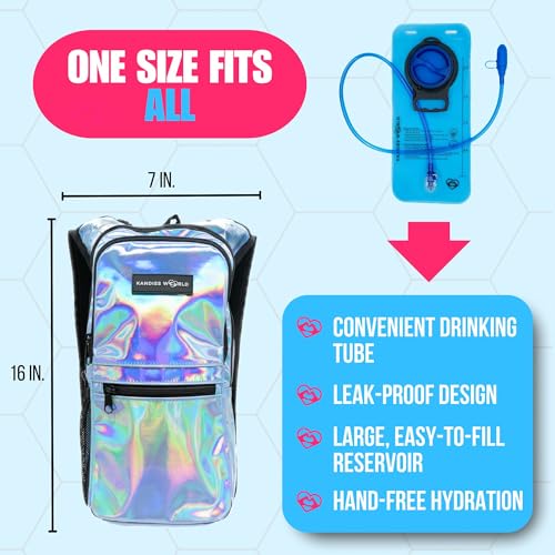 Kandies World Reflective Festival Hydration Pack - 2L Hydropack for Raves, Hiking, Biking, Running, and More (with Anti-Theft Pocket) - style: Blue Holographic