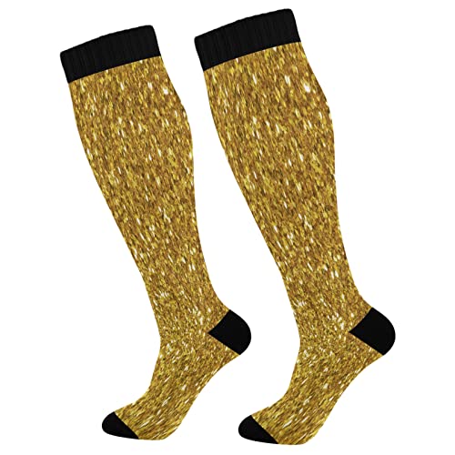 KLL Christmas Compression Socks for Men and Women Golden Glitter In Shiny Red Knee High Socks - color: Golden Glitter
