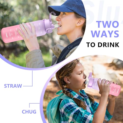 SLUXKE 24oz Insulated Water Bottle 18/10 Stainless Steel with 2Lids(Straw Lid& Spout Lids), 700ml Double Wall Vacuum Water Bottle with Handle Keep Cold and Hot for Men, Women & Kids PURPLE PINK - color: PURPLE PINK, size: 24 Ounces