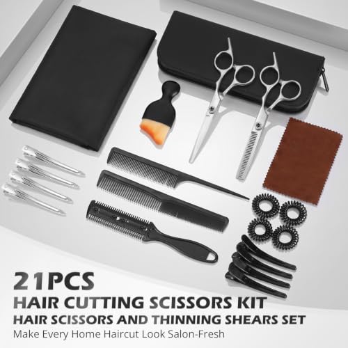 21Pcs 440C Hair Cutting Scissors Kit, Hair Scissors & Thinning Scissors Set - color: Silver
