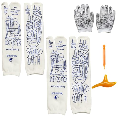 COLSA Reflexology Socks with Tools,Acupoint Socks Set,Beginner Acupoint Massage Tools Large Triangular Sparrow+acupoint Stick(2pcs Women+Gloves) - color: 2pcs Women+gloves