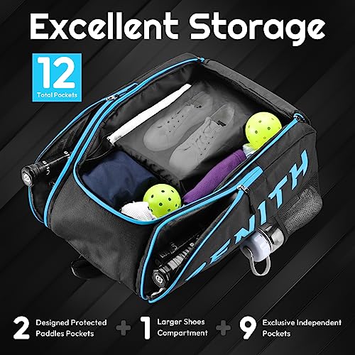 A11N SPORTS Tournament Pickleball Bag Backpack for Men & Women, Holds 4 Paddles, Shoe Compartment, Fence Hook - color: Black/Blue